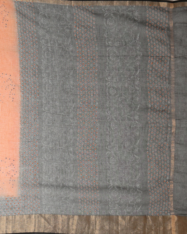 Indiehaat | Craft Couture Blockprinted Kota Doria Orange & Black Saree