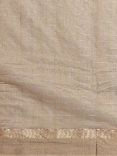 Earthy brown handloom Maheshwari silk saree with allover checks and a wide golden contrast pallu