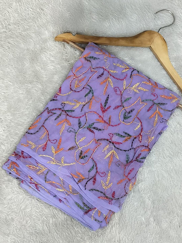 Indiehaat | Tepchi Handwork Georgette Saree Purple