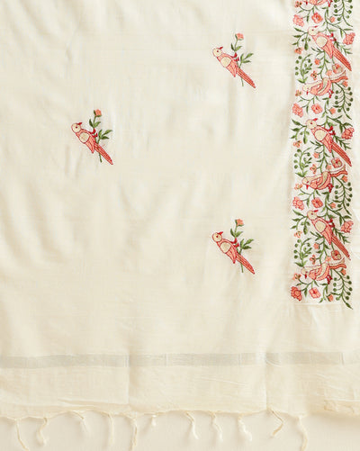 Gulmohar Embroidered Pure Linen Off White Suit