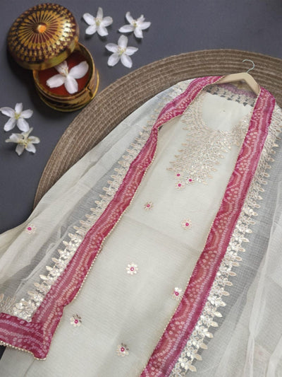 Glimmering Kota Doria Gota Patti Crisp White Suit (T+B+D)