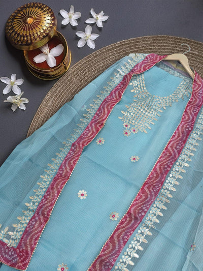 Glimmering Kota Doria Gota Patti Calm Blue Suit (T+B+D)