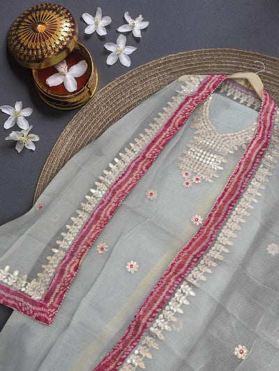 Glimmering Kota Doria Gota Patti Pale Gray Suit (T+B+D)