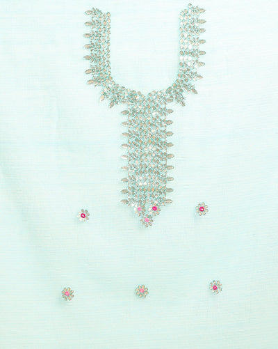 Glimmering Kota Doria Gota Patti Soft Green Suit (T+B+D)