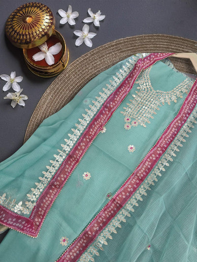 Glimmering Kota Doria Gota Patti Soft Green Suit (T+B+D)