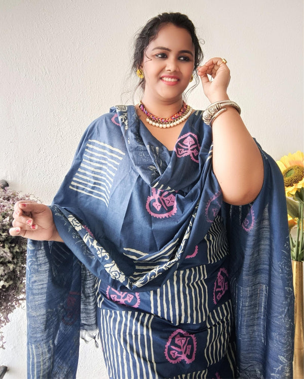 Katan Silk Suit Piece Blue Color with Bottom and Dupatta Floral Handblock Printed-Indiehaat