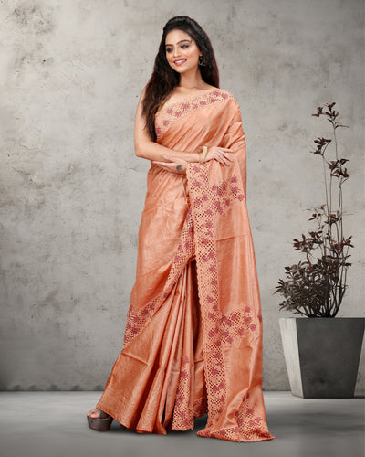 Indiehaat | Silkmark Certified Pure Tussar Cutwork Brown Saree