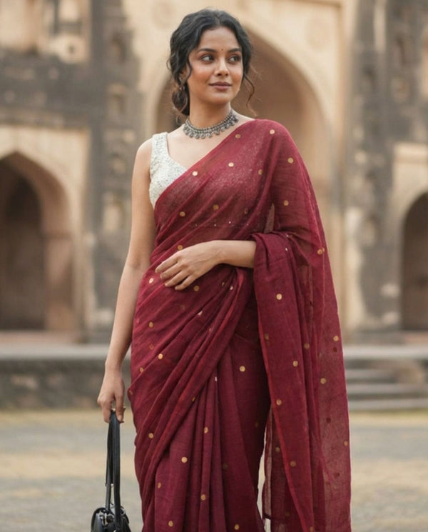 Indiehaat | Pure Mul Cotton Sequin Saree Red
