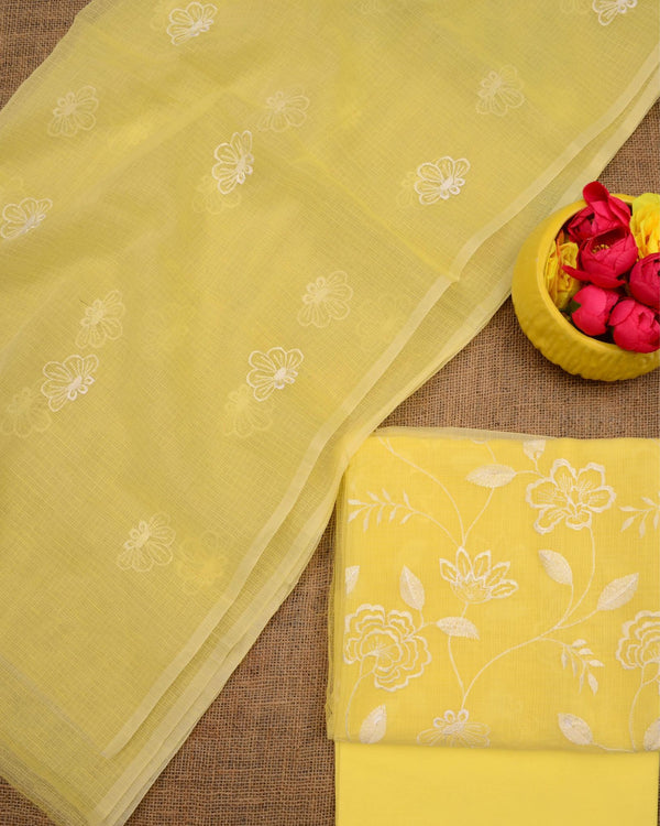 Kashidakari Kota Doria Embroidered Sunny Yellow Suit (T+B+D)