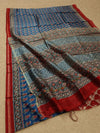 Indiehaat | Ajrakh Printed Chanderi Silk Blue Saree