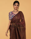 Sophisticated Pure Linen Kantha Work Saree Brown