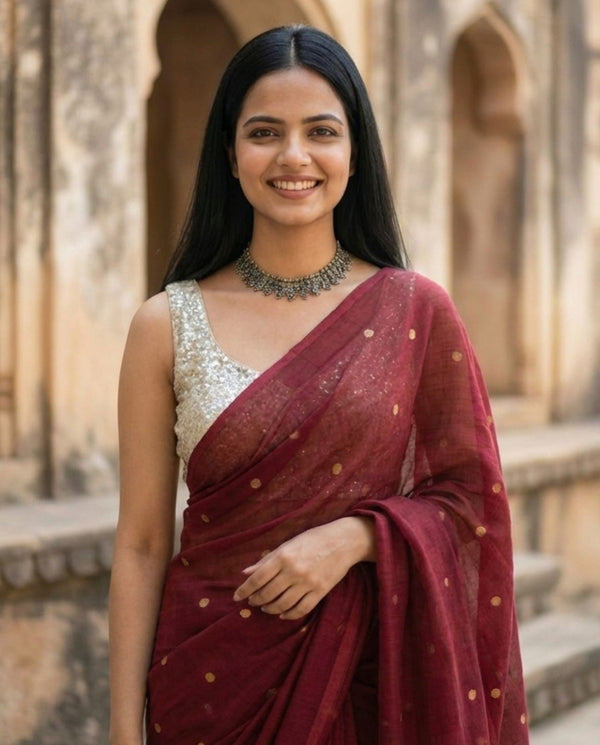 Indiehaat | Pure Mul Cotton Sequin Saree Red