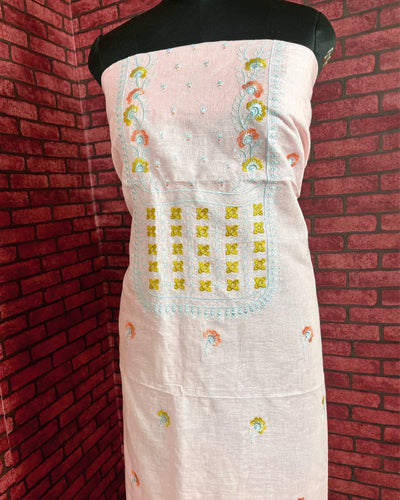 Indiehaat | Pure Linen Embroidered Suit Pink Color (Top+Dupatta) With Linen Bottom