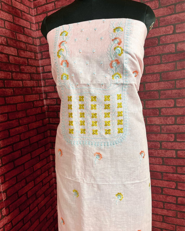Indiehaat | Pure Linen Embroidered Suit Pink Color (Top+Dupatta) With Linen Bottom