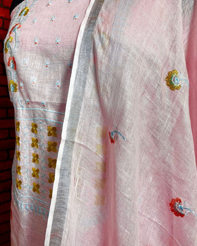 Indiehaat | Pure Linen Embroidered Suit Pink Color (Top+Dupatta) With Linen Bottom