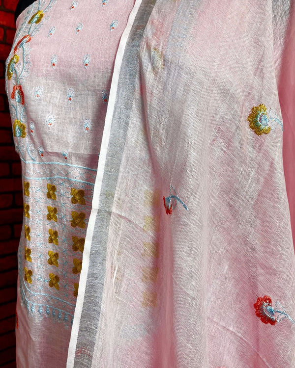 Indiehaat | Pure Linen Embroidered Suit Pink Color (Top+Dupatta) With Linen Bottom