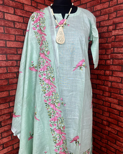 Indiehaat | Pure Linen Embroidered Green Stitched Suit