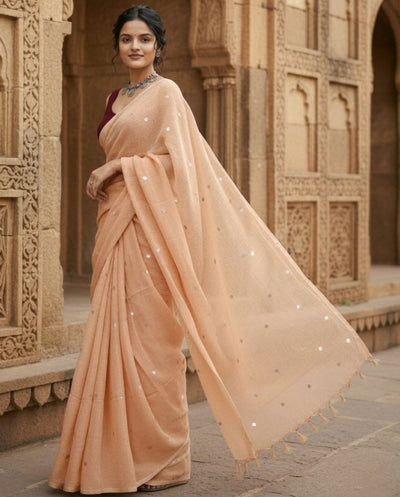 Indiehaat | Pure Mul Cotton Sequin Saree Peach
