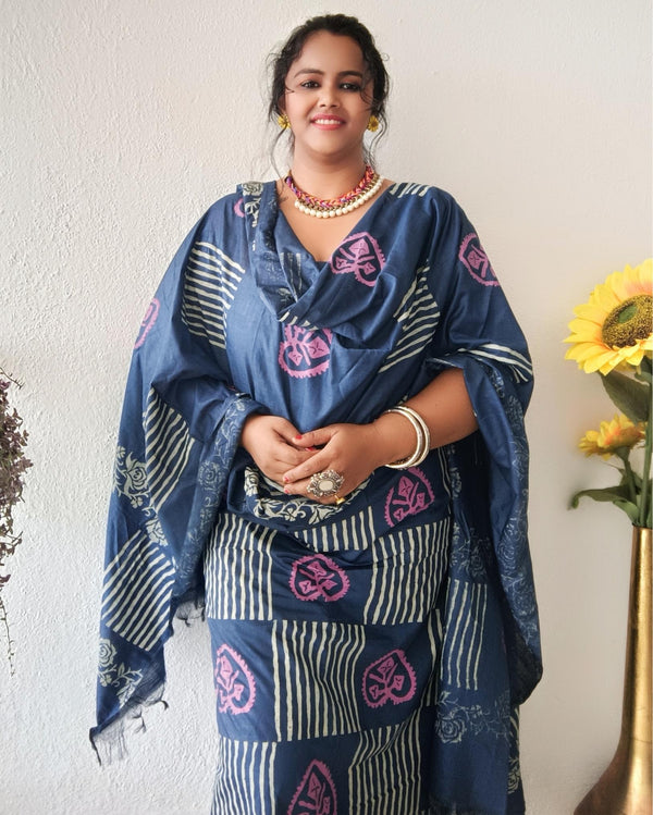 Katan Silk Suit Piece Blue Color with Bottom and Dupatta Floral Handblock Printed-Indiehaat