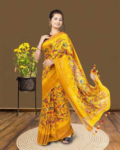 Silkmark Muga Tussar Silk Printed Yellow Saree