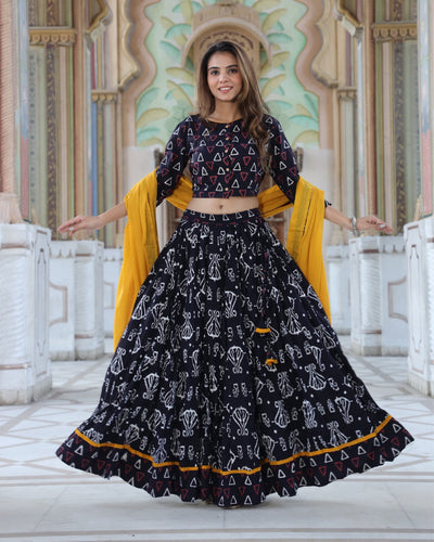 Indiehaat | Blockprinted Cotton Black Lehanga Choli Set