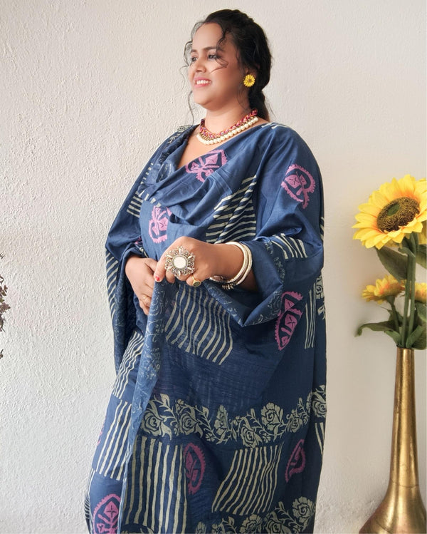 Katan Silk Suit Piece Blue Color with Bottom and Dupatta Floral Handblock Printed-Indiehaat