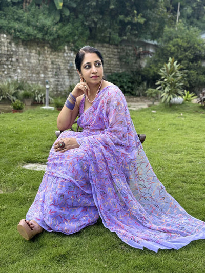 Indiehaat | Tepchi Handwork Georgette Saree Purple