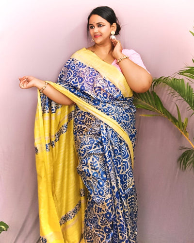 Silkmark Tussar Lively Blockprint Blue & Yellow Saree