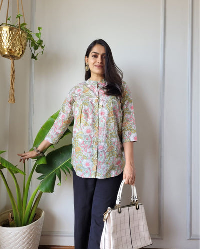 Indiehaat | Pure Cotton Peplum Top Green Blockprinted