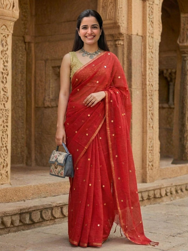 Indiehaat | Pure Mul Cotton Red Sequin Saree