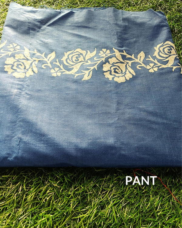 Katan Silk Suit Piece Blue Color with Bottom and Dupatta Floral Handblock Printed-Indiehaat