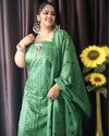Katan Silk Handblock Printed Unstitched Suit Piece Green Color with Bottom and Dupatta Handcrafted-Indiehaat