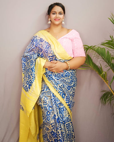 Silkmark Tussar Lively Blockprint Blue & Yellow Saree