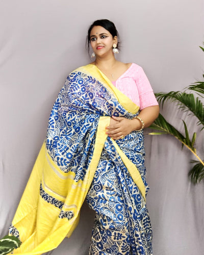 Silkmark Tussar Lively Blockprint Blue & Yellow Saree