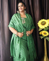 Katan Silk Handblock Printed Unstitched Suit Piece Green Color with Bottom and Dupatta Handcrafted-Indiehaat
