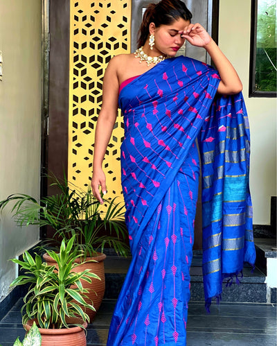 Silkmark Timeless Eri Tussar Silk Embroidered Blue Saree