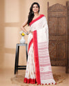 Indiehaat| Pure Linen White Saree Floral Buti Striped Pallu