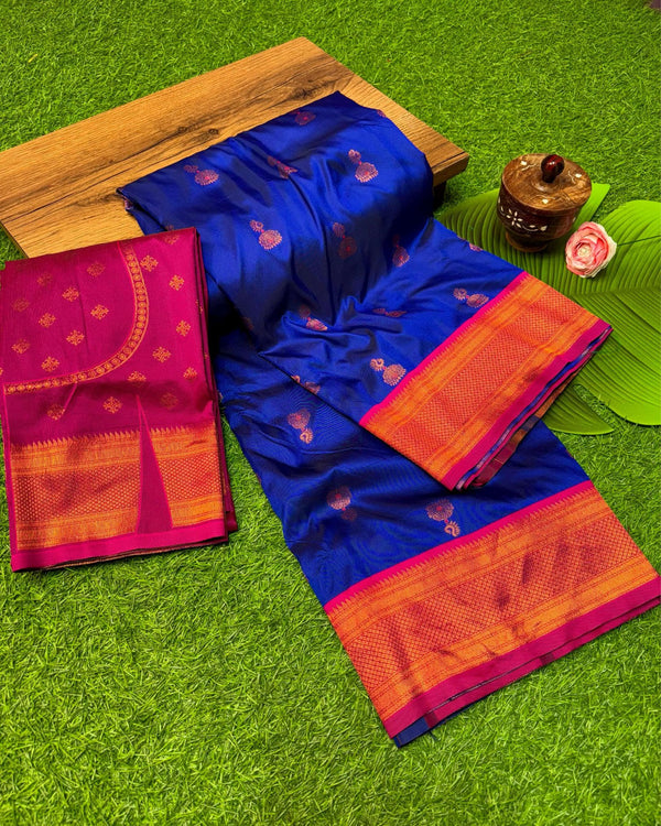Indiehaat | Paithani Silk Meenakari Buti Embroidery Saree Blue