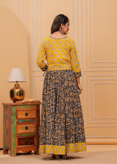 Indiehaat | Blockprinted Black & Yellow Lehanga Choli Set