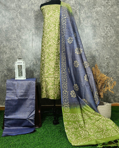 Indiehaat | Khadi Silk Olive Green Suit Batik Print Bandhini Dupatta Ajrakh Dabu