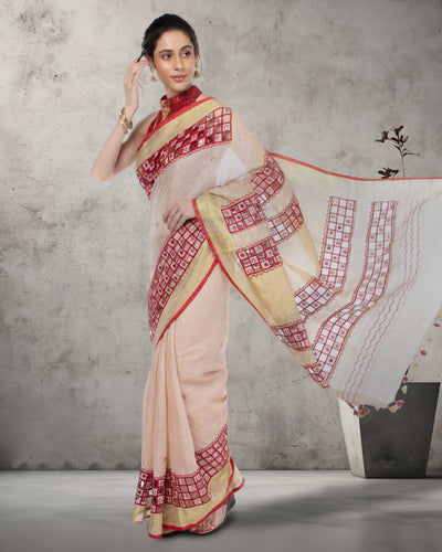 Misty Pure Linen Hand Cutwork Design Red Saree