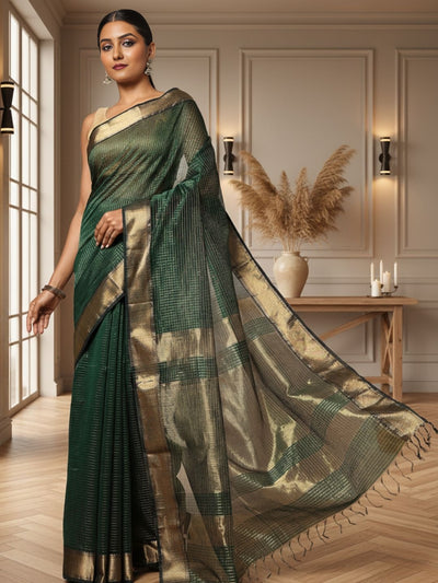 Misty Maheshwari Pure Silk Check Body Green Saree