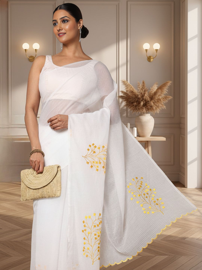 Kota Doria Cotton Bel Embroidery White Saree Handdyed
