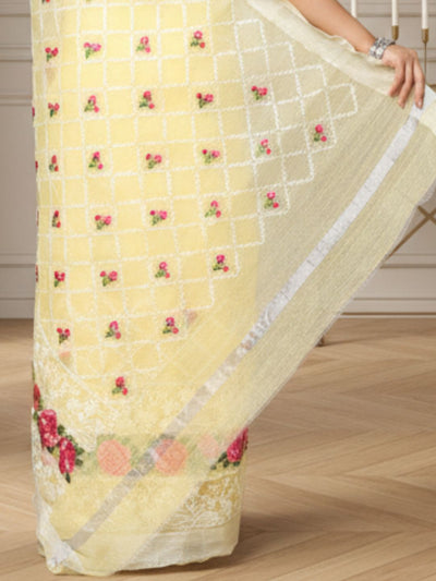 Sunshine Chikenkari Pure Cotton Kota Doria Yellow Saree