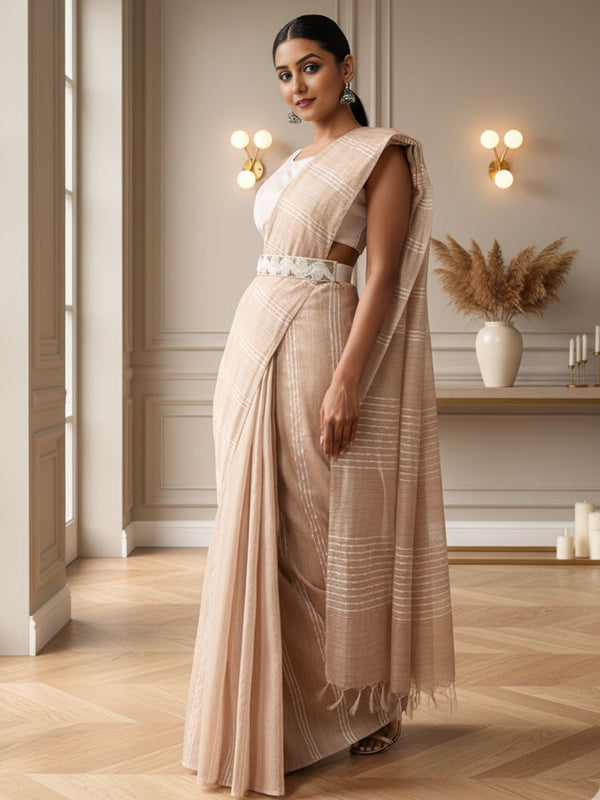 Bansbara Tussar Silk Kantha Handloom Saree Raffia Brown