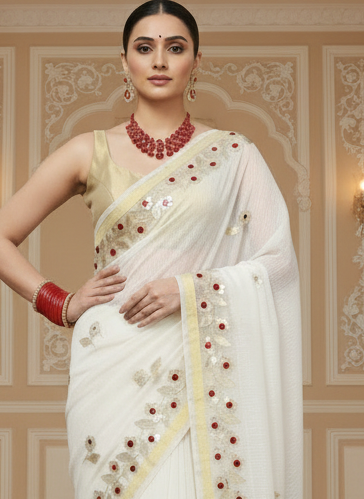 Pankhudi Kota Cotton Gota Patti Pure White Saree