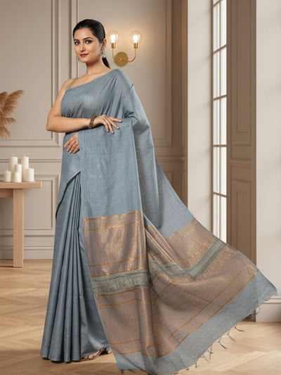 Luminous Pure Eri Tussar Silk Gray Saree