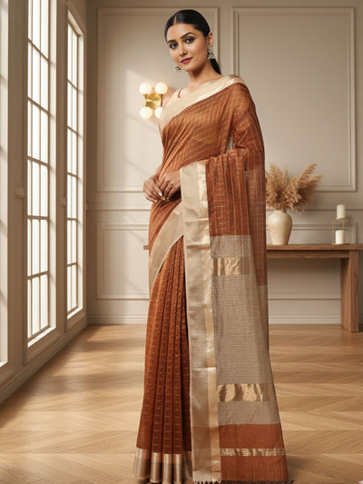 Indiehaat | Pure Maheshwari Silk Kosa Pallu Brown Saree