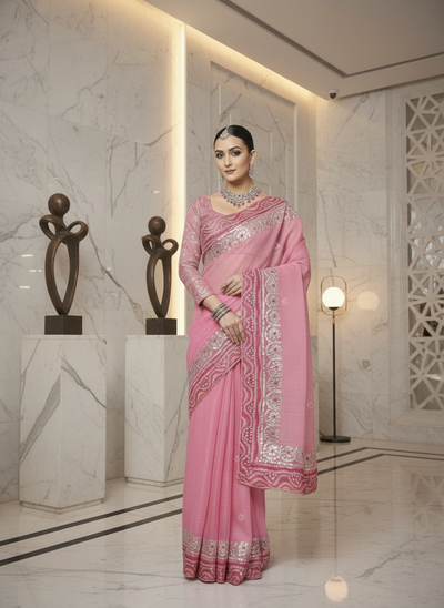 Gilded Grace Kota Cotton Gota Patti Saree Pink