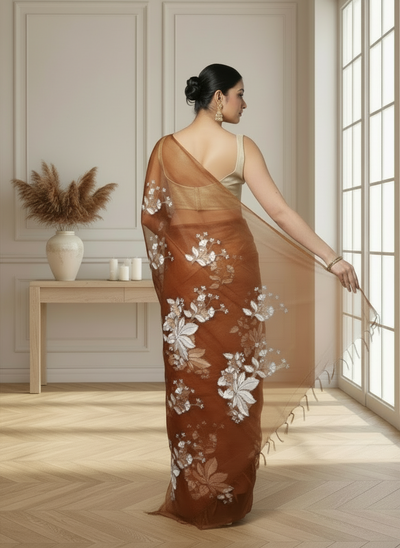 Embroidered Organza Pure Silk Brown Saree for Timeless Appeal | Indiehaat